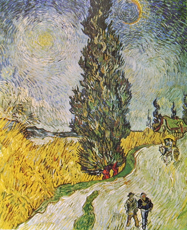 Van Gogh strada con cipresso sotto un cielo stellato